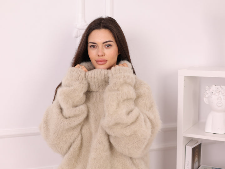Baby Suri Alpaca Sweater Dress, Brushed Knit, Oversized Turtleneck, Beige T2259