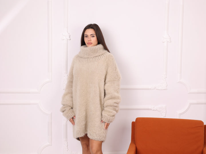 Baby Suri Alpaca Sweater Dress, Brushed Knit, Oversized Turtleneck, Beige T2259