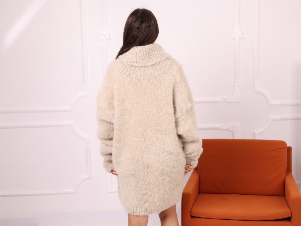 Baby Suri Alpaca Sweater Dress, Brushed Knit, Oversized Turtleneck, Beige T2259
