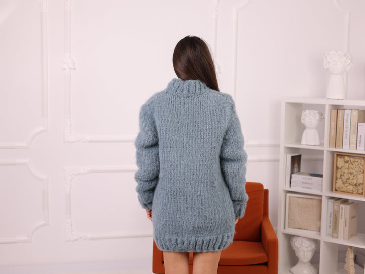 Light Blue Baby Suri Alpaca Sweater, Brushed, Oversized, Mock Neck T2265