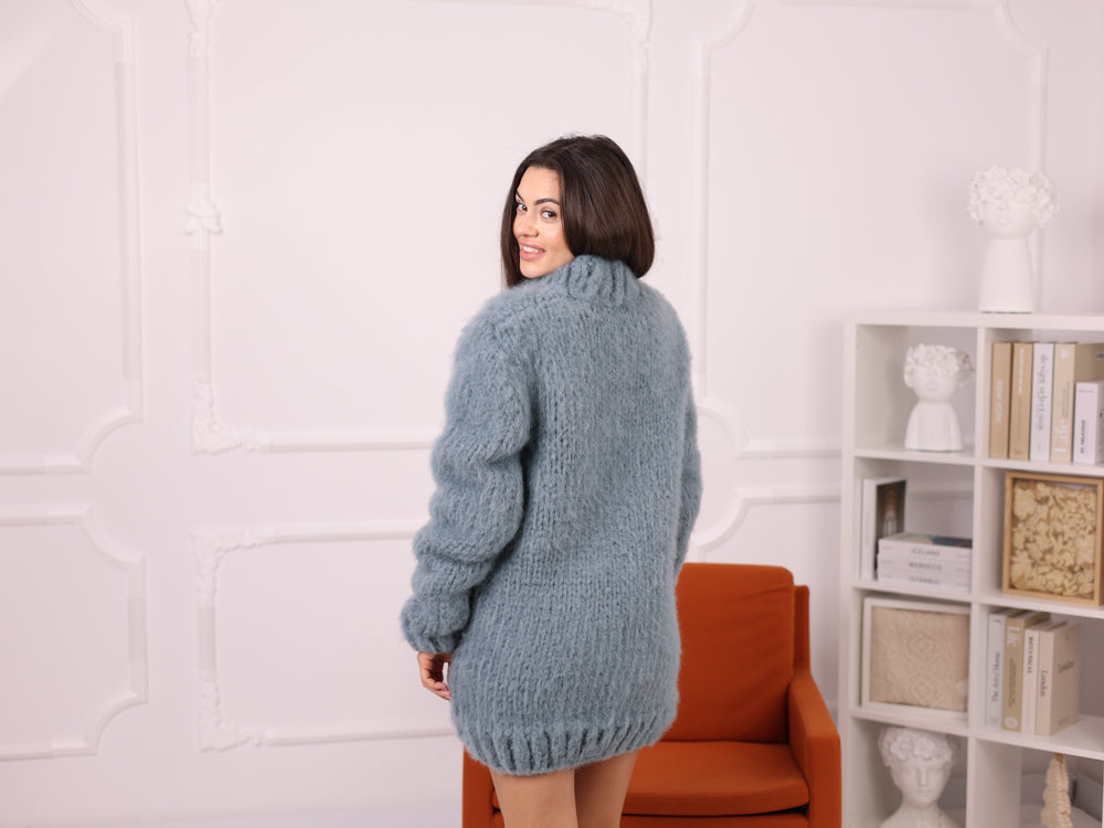 Light Blue Baby Suri Alpaca Sweater, Brushed, Oversized, Mock Neck T2265