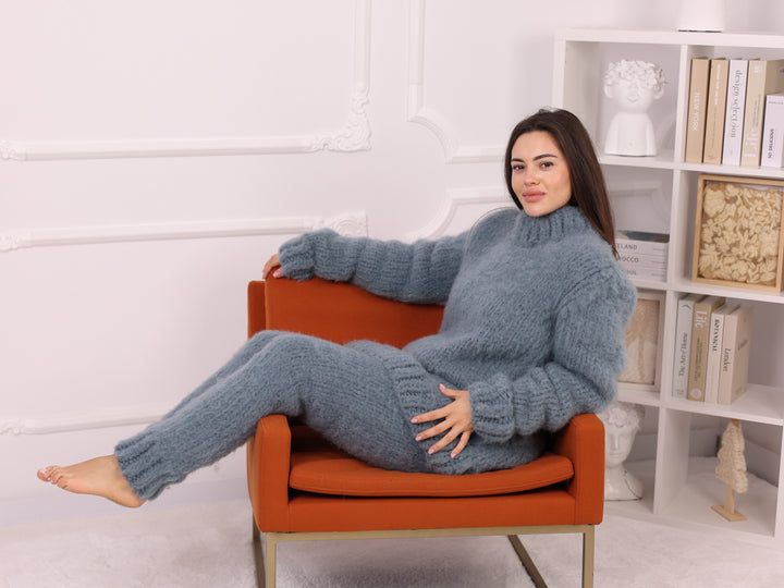 Light Blue Baby Suri Alpaca Sweater and Pants Set, Brushed, Oversized T2267