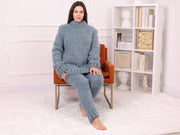 Hellblaues Baby Suri Alpaka Pullover- und Hosenset, gebürstet, Oversized T2267