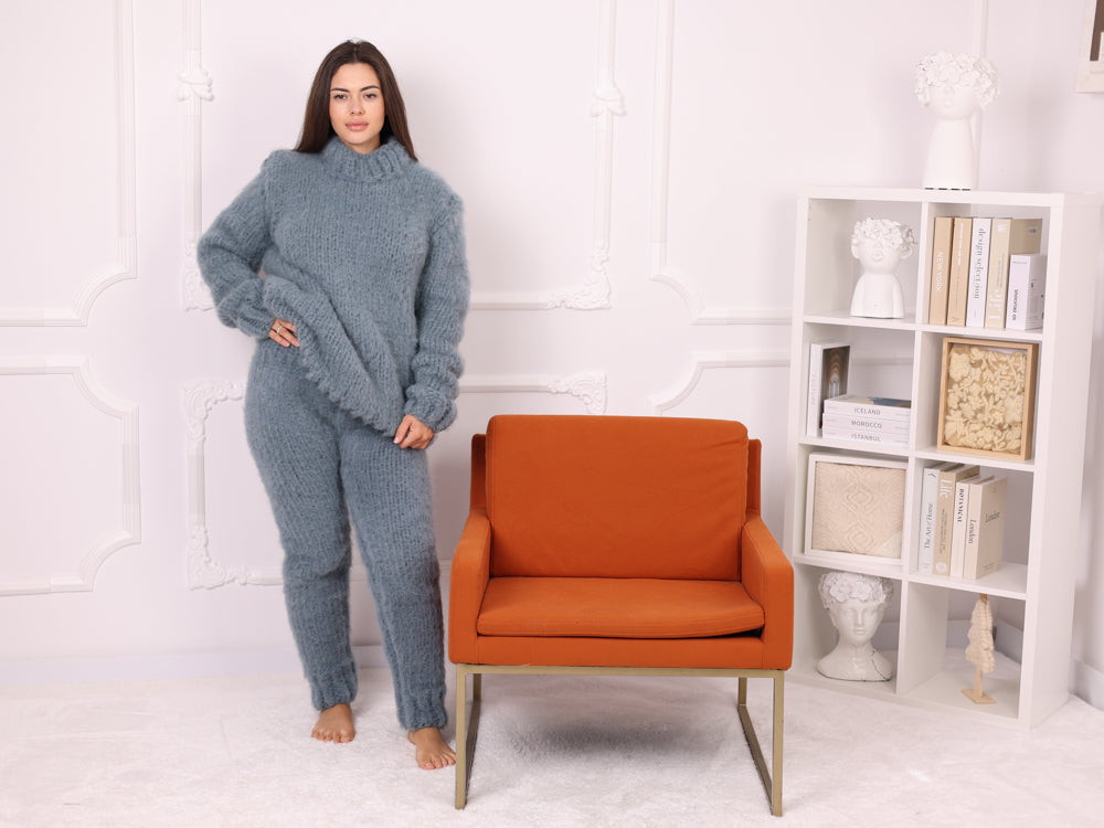 Light Blue Baby Suri Alpaca Sweater and Pants Set, Brushed, Oversized T2267