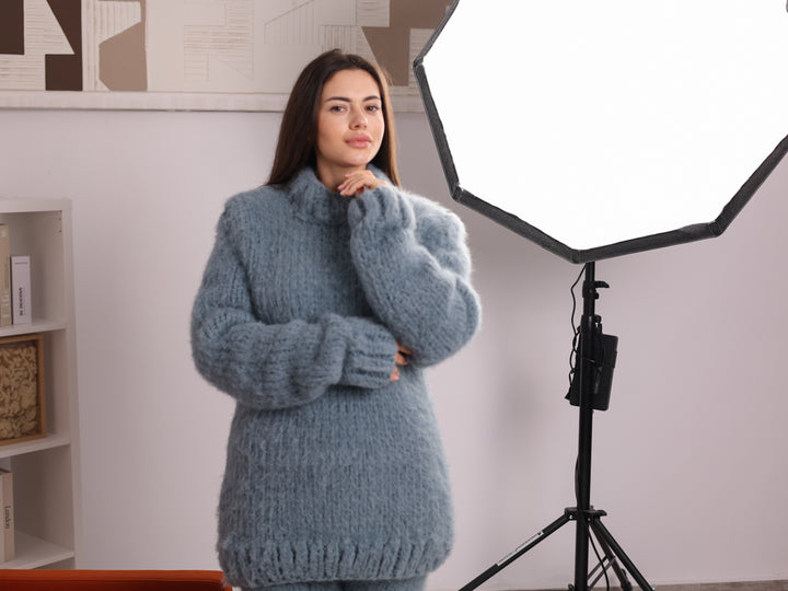 Light Blue Baby Suri Alpaca Sweater, Brushed, Oversized, Mock Neck T2265