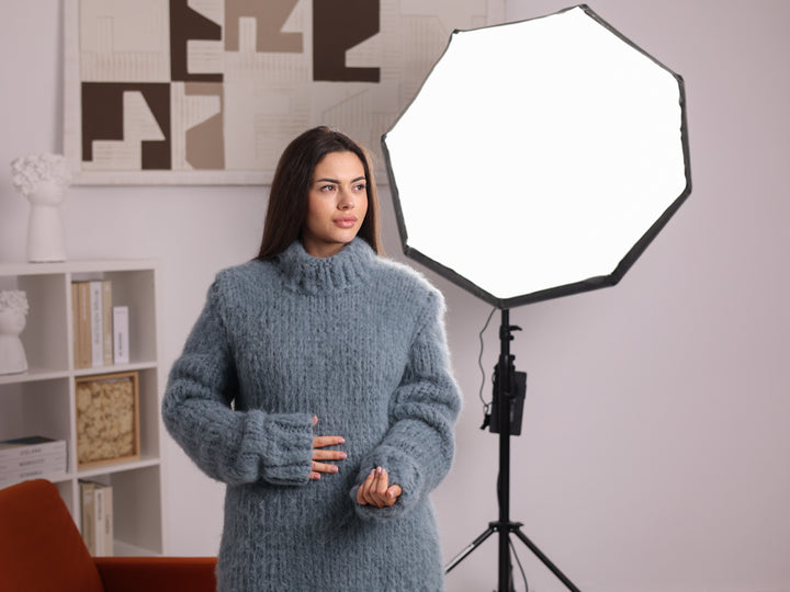 Light Blue Baby Suri Alpaca Sweater, Brushed, Oversized, Mock Neck T2265