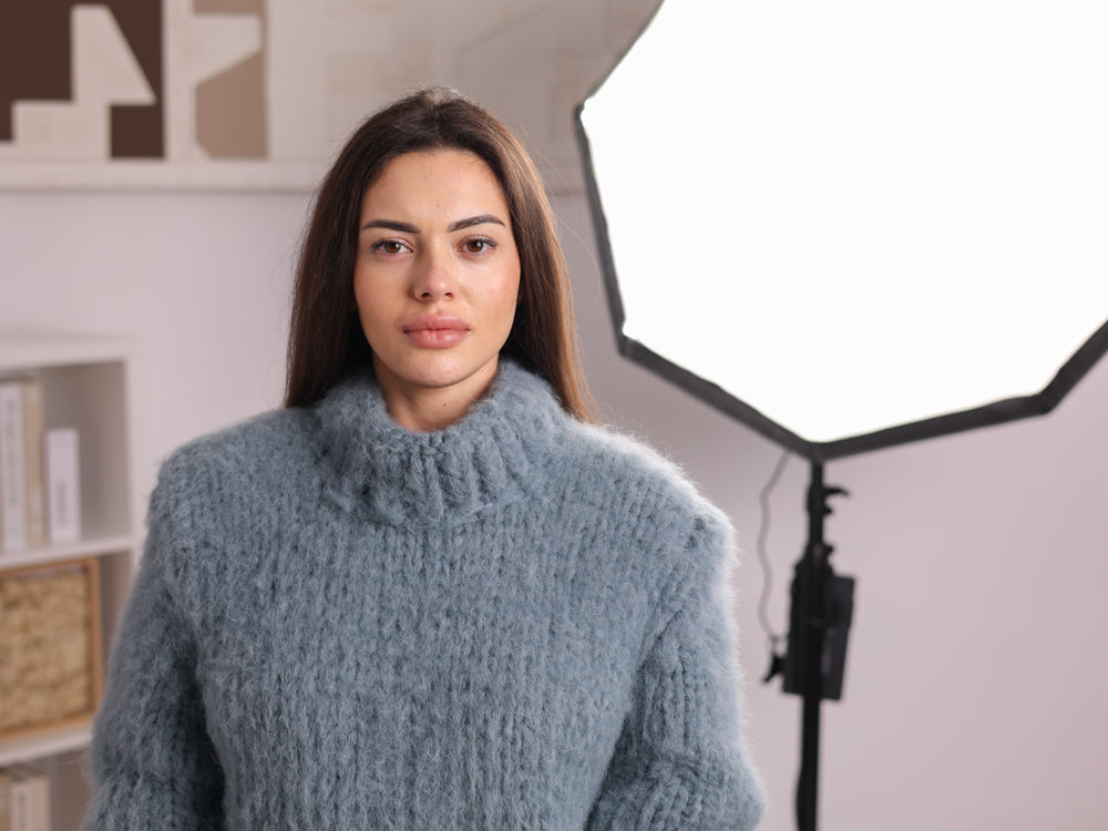 Light Blue Baby Suri Alpaca Sweater, Brushed, Oversized, Mock Neck T2265