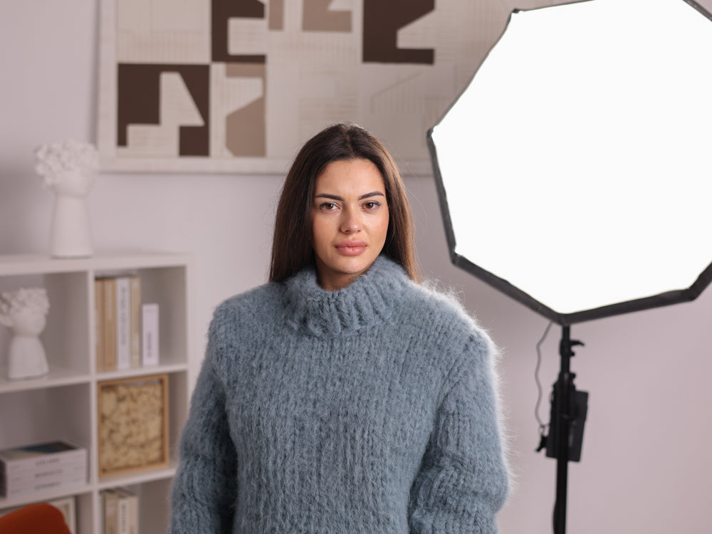 Light Blue Baby Suri Alpaca Sweater, Brushed, Oversized, Mock Neck T2265