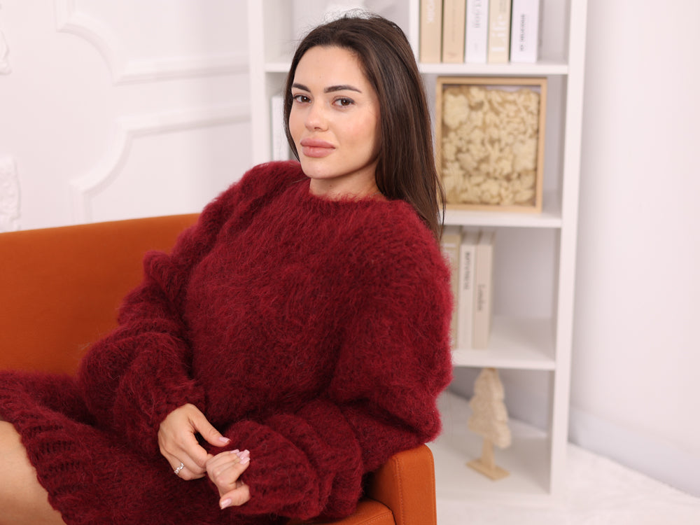 Alpaca Sweater Burgundy, Crewneck Knit, Brushed Texture, Oversized Fit T2262