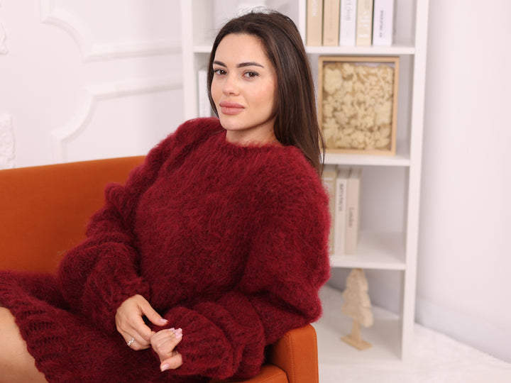 Alpaca Sweater Burgundy, Crewneck Knit, Brushed Texture, Oversized Fit T2262