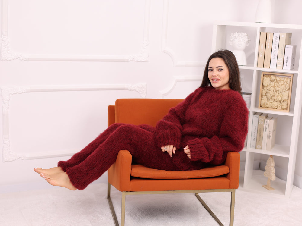 Alpaca Sweater and Pants Set, Burgundy, Brushed Texture, Relaxed Fit T2264