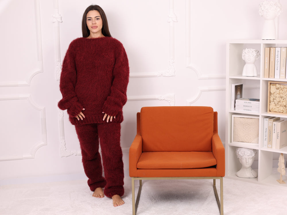 Alpaca Sweater Burgundy, Crewneck Knit, Brushed Texture, Oversized Fit T2262
