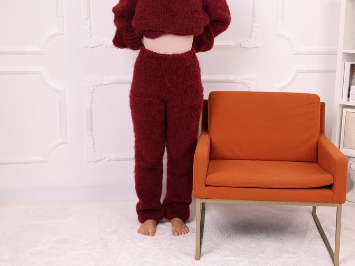 Alpaca Knit Pants Burgundy, Brushed Texture, High Waist, Relaxed Fit T2263