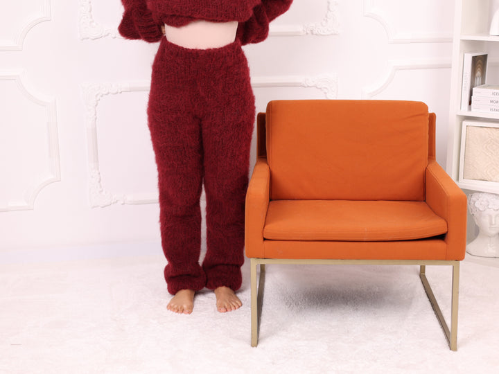 Alpaca Sweater and Pants Set, Burgundy, Brushed Texture, Relaxed Fit T2264