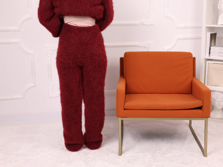 Alpaca Sweater and Pants Set, Burgundy, Brushed Texture, Relaxed Fit T2264