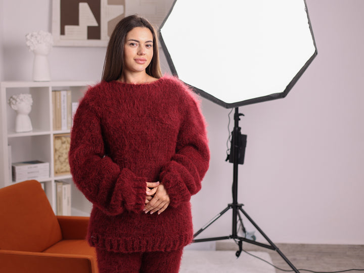 Alpaca Sweater and Pants Set, Burgundy, Brushed Texture, Relaxed Fit T2264