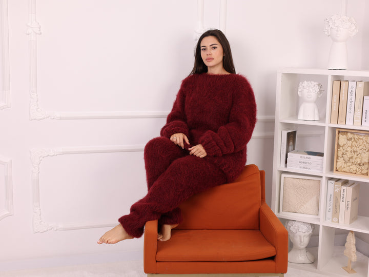 Alpaca Sweater Burgundy, Crewneck Knit, Brushed Texture, Oversized Fit T2262
