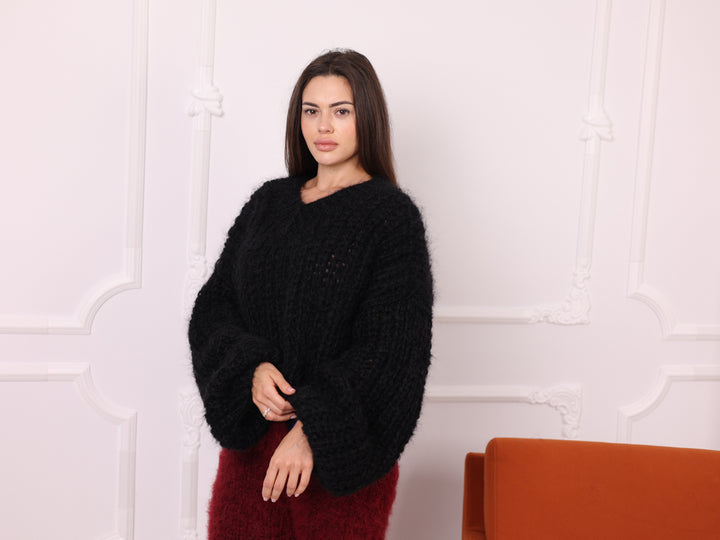 Mohair Sweater Black, English Rib Knit, Loose Fit, Balloon Sleeves T2261