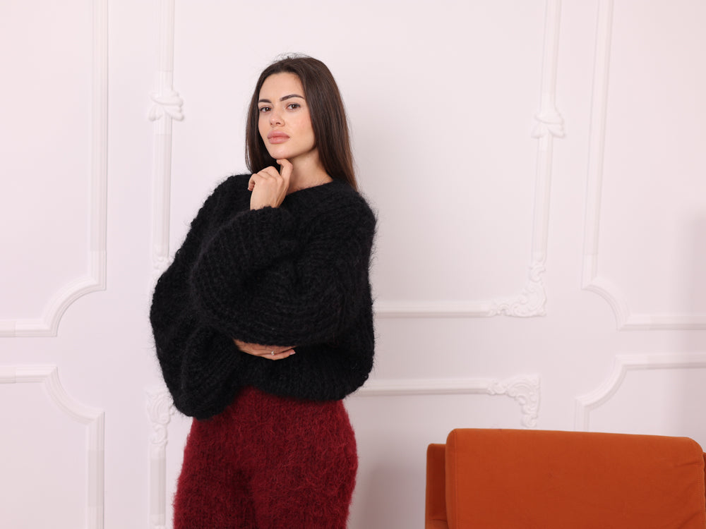 Mohair Sweater Black, English Rib Knit, Loose Fit, Balloon Sleeves T2261