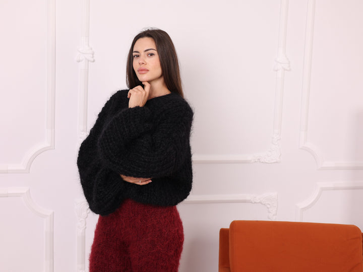 Mohair Sweater Black, English Rib Knit, Loose Fit, Balloon Sleeves T2261