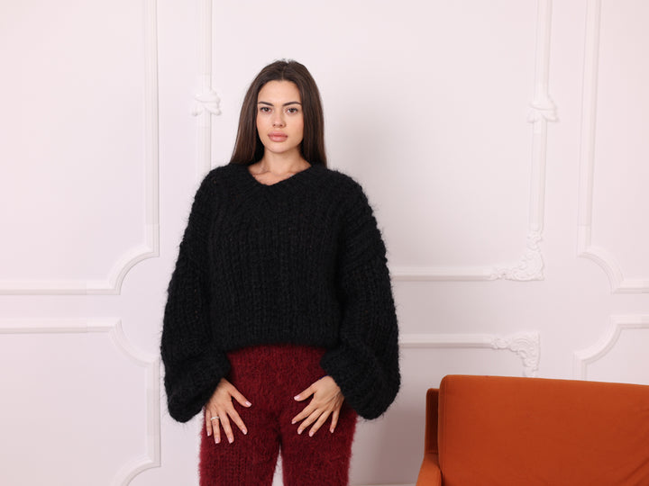 Mohair Sweater Black, English Rib Knit, Loose Fit, Balloon Sleeves T2261