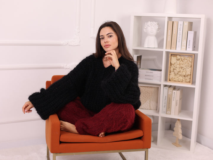 Mohair Sweater Black, English Rib Knit, Loose Fit, Balloon Sleeves T2261