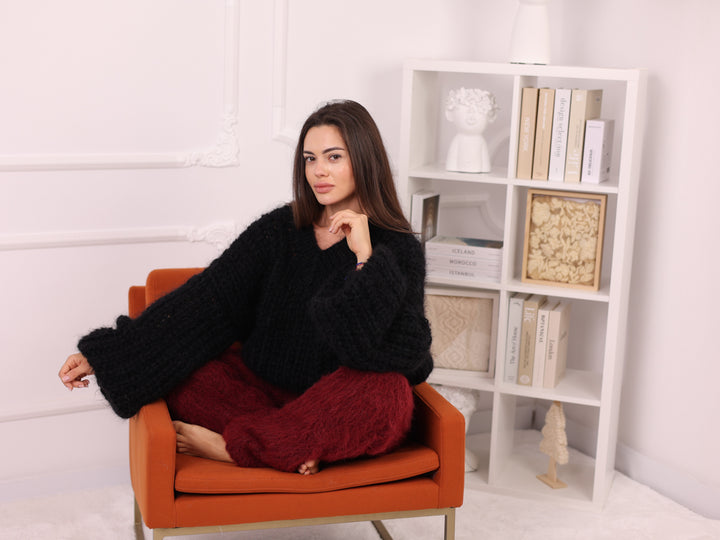 Mohair Sweater Black, English Rib Knit, Loose Fit, Balloon Sleeves T2261