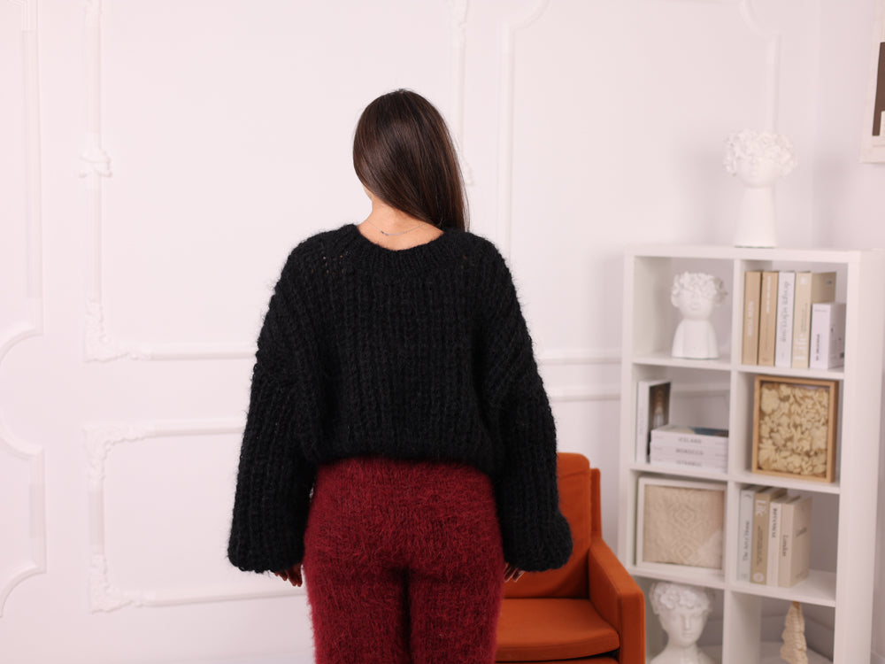 Mohair Sweater Black, English Rib Knit, Loose Fit, Balloon Sleeves T2261
