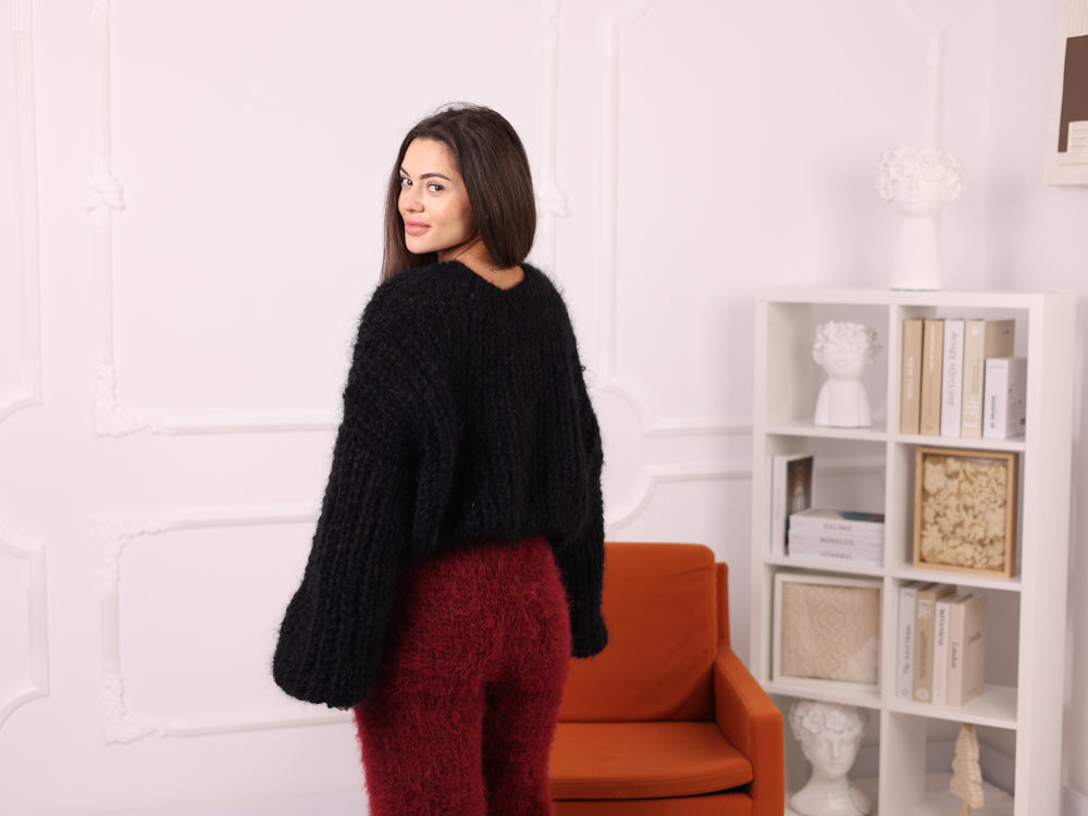 Mohair Sweater Black, English Rib Knit, Loose Fit, Balloon Sleeves T2261