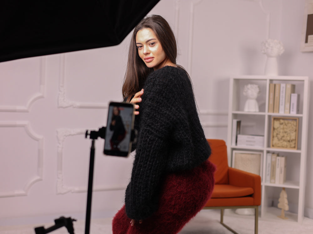 Mohair Sweater Black, English Rib Knit, Loose Fit, Balloon Sleeves T2261