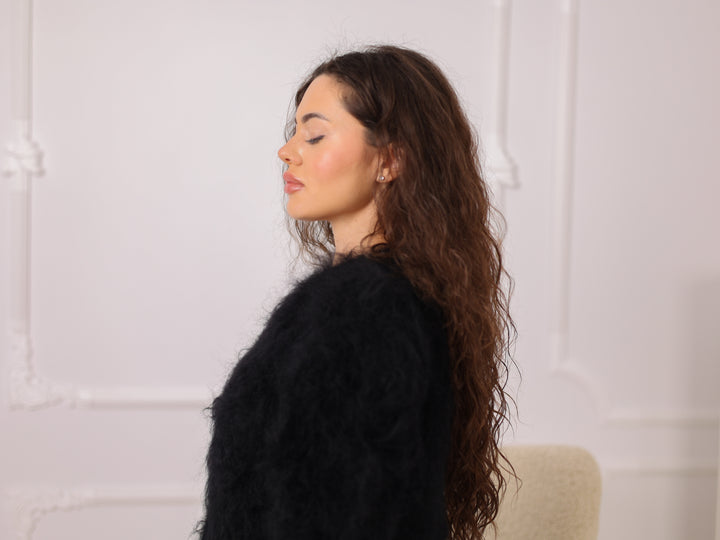 Black Mohair Pullover, Fluffy V Neck Jumper, Oversized Loose Knit Sweater T2280