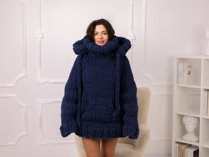 Hooded Wool Alpaca Sweater, Oversized Chunky Knit, Navy Pullover Hoodie T2273