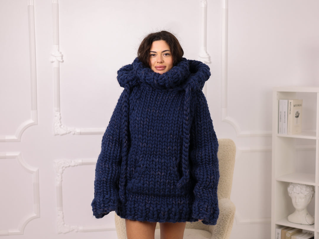 Hooded Wool Alpaca Sweater, Oversized Chunky Knit, Navy Pullover Hoodie T2273