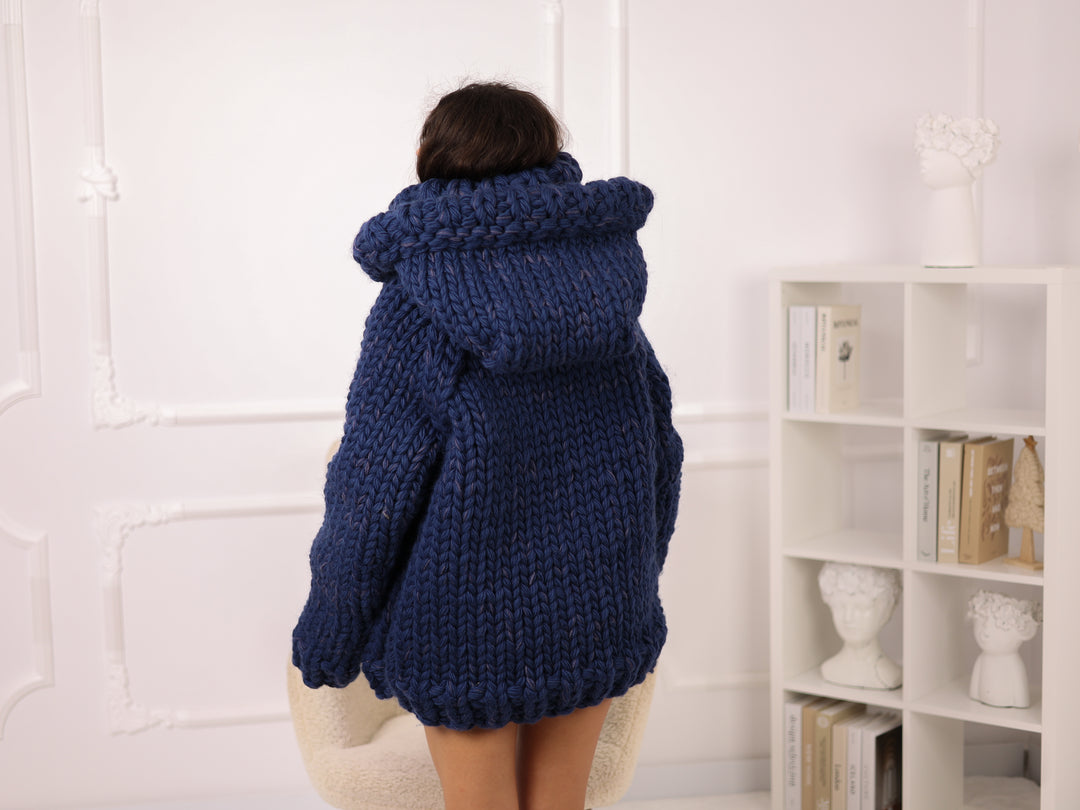 Hooded Wool Alpaca Sweater, Oversized Chunky Knit, Navy Pullover Hoodie T2273