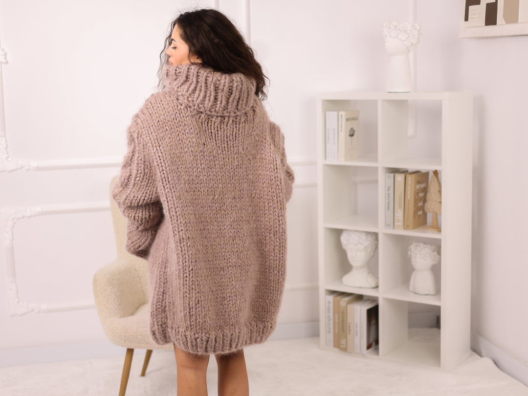 Mohair and Alpaca Sweater, Chunky Oversized Fit, Green Melange Turtleneck  T2139 (Copy)