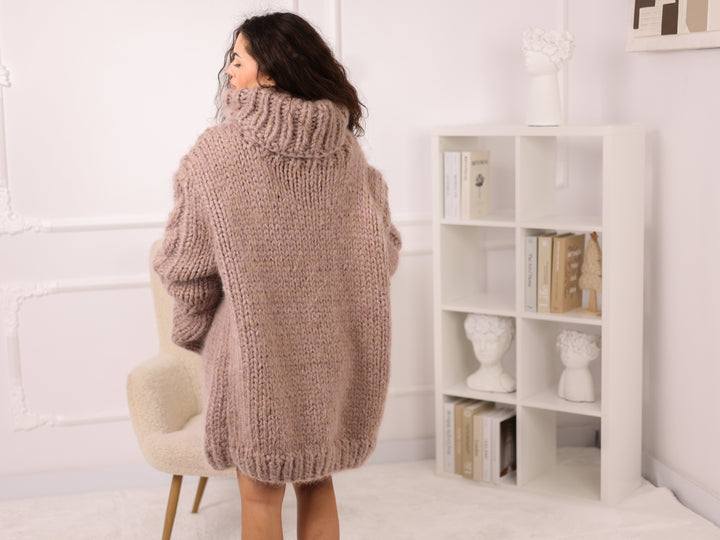 Mohair and Alpaca Sweater, Chunky Oversized Fit, Green Melange Turtleneck  T2139 (Copy)