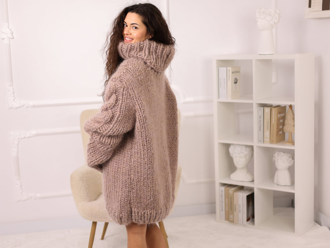 Mohair and Alpaca Sweater, Chunky Oversized Fit, Green Melange Turtleneck  T2139 (Copy)