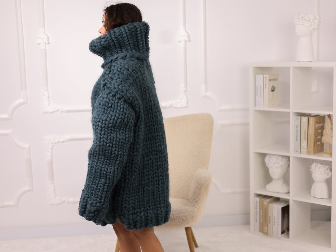Petrol Blue Merino Wool Sweater, Chunky Roving Knit, 50cm Turtleneck Pullover T2274