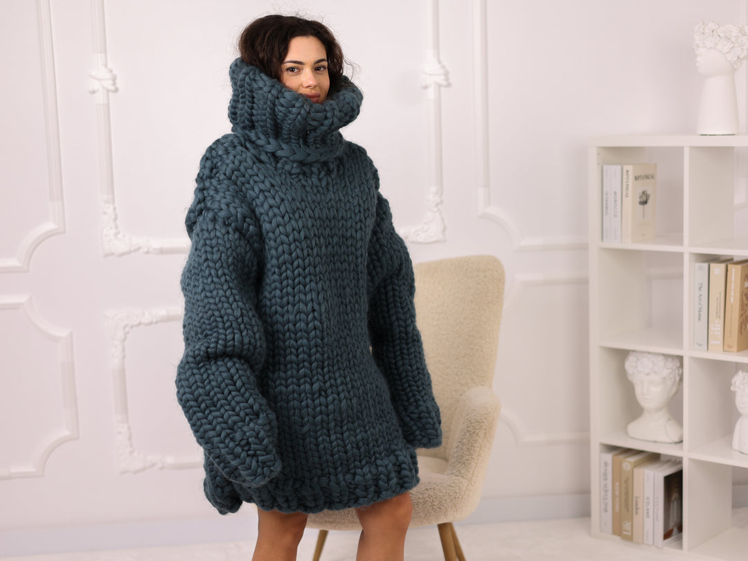 Petrol Blue Merino Wool Sweater, Chunky Roving Knit, 50cm Turtleneck Pullover T2274