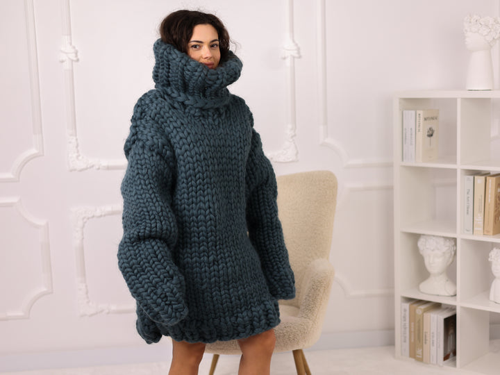 Petrol Blue Merino Wool Sweater, Chunky Roving Knit, 50cm Turtleneck Pullover T2274