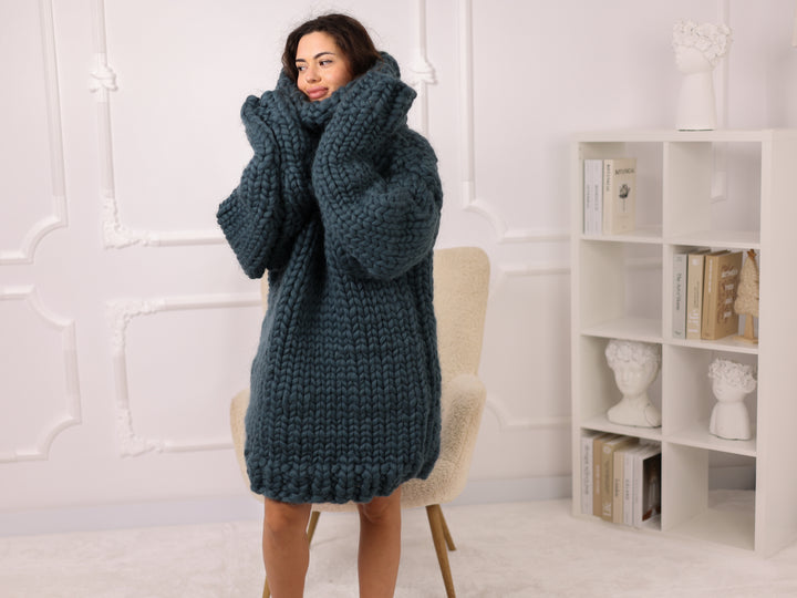 Petrol Blue Merino Wool Sweater, Chunky Roving Knit, 50cm Turtleneck Pullover T2274