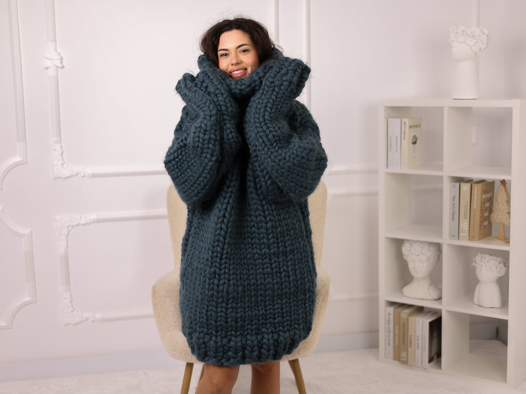 Petrol Blue Merino Wool Sweater, Chunky Roving Knit, 50cm Turtleneck Pullover T2274