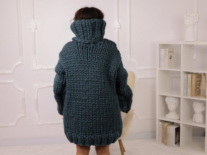 Petrol Blue Merino Wool Sweater, Chunky Roving Knit, 50cm Turtleneck Pullover T2274