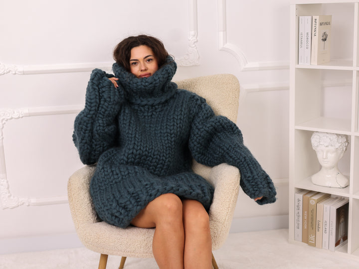 Petrol Blue Merino Wool Sweater, Chunky Roving Knit, 50cm Turtleneck Pullover T2274