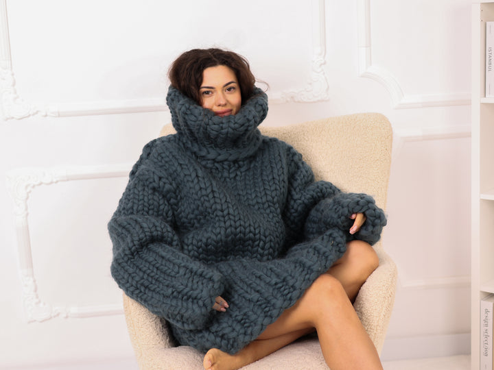 Petrol Blue Merino Wool Sweater, Chunky Roving Knit, 50cm Turtleneck Pullover T2274
