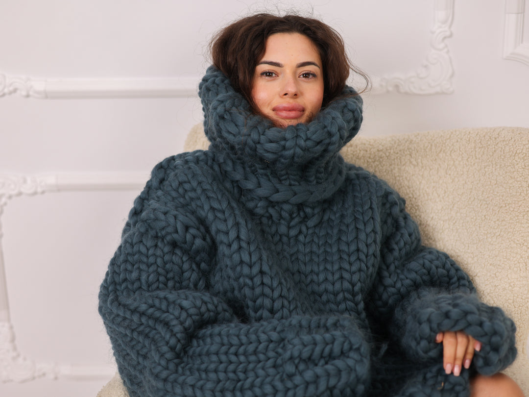 Petrol Blue Merino Wool Sweater, Chunky Roving Knit, 50cm Turtleneck Pullover T2274