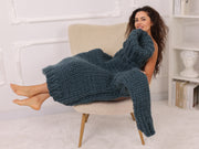 Petrolblauer Merinowollpullover, Grobstrick, 50 cm Rollkragenpullover T2274