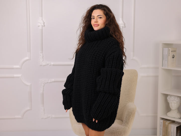 Black Wool Sweater, English Rib Knit, Oversized Turtleneck, Chunky Pullover T2272