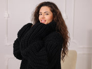 Schwarzer Wollpullover, Englisches Rippenmuster, Oversize Rollkragen, Chunky Pullover T2272