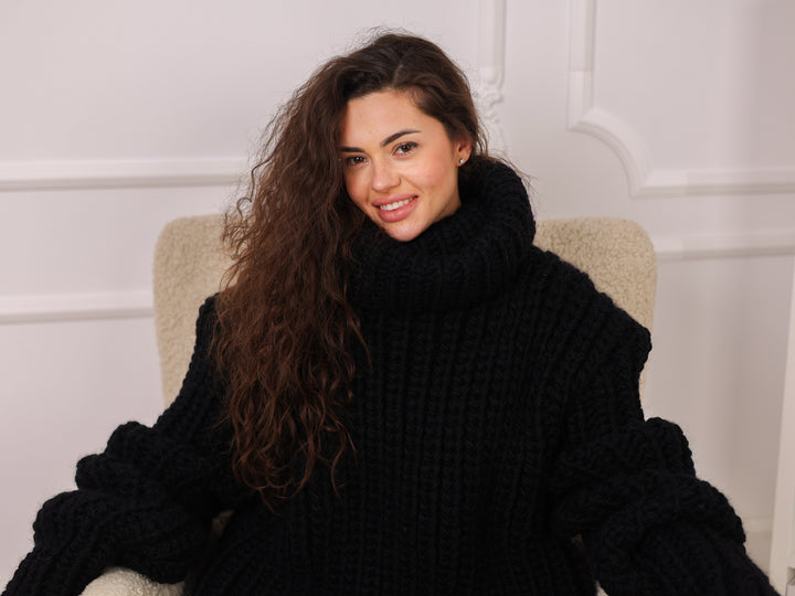 Black Wool Sweater, English Rib Knit, Oversized Turtleneck, Chunky Pullover T2272